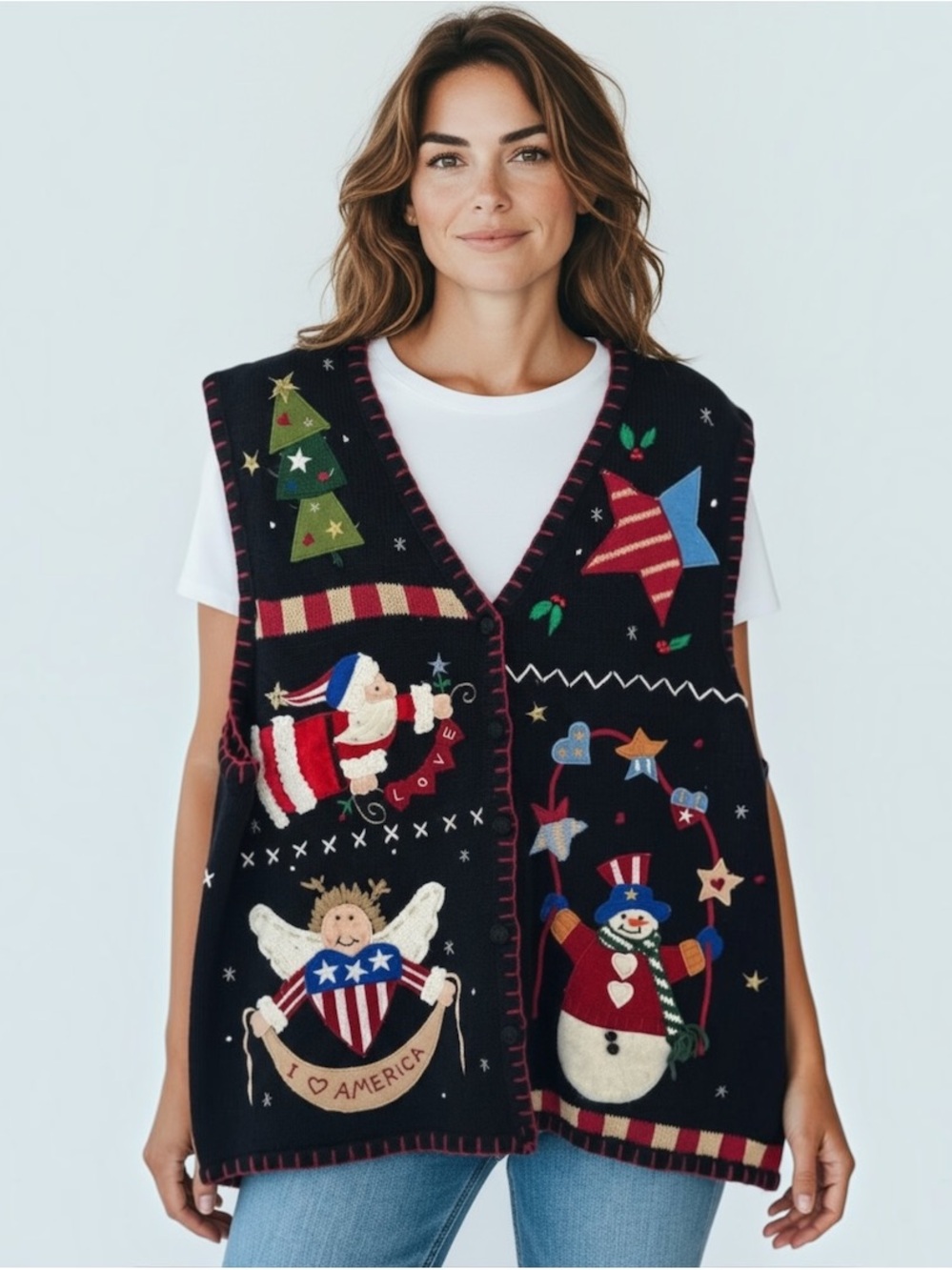 Womens Vintage Grandmacore Christmas Sweater Vest Sz PL Y2K Whimsical 90s